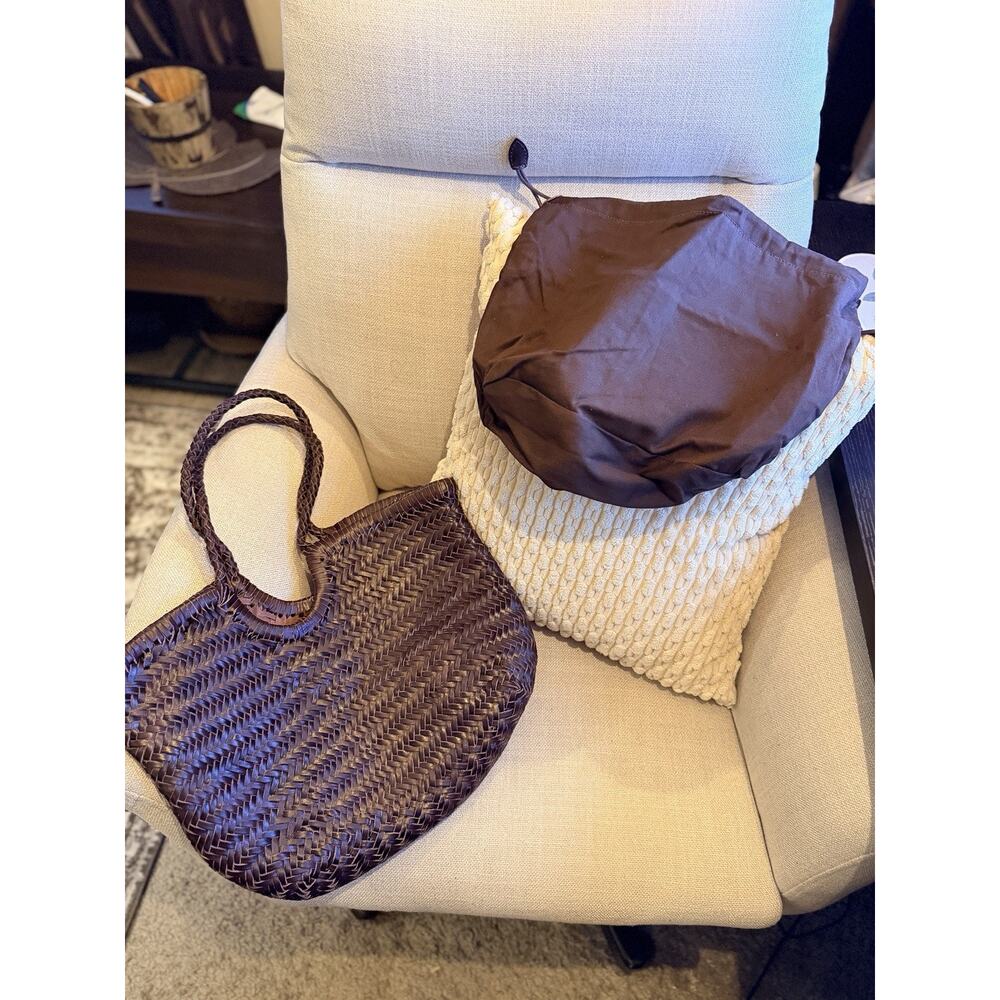 DarkBrown HandwovenLeather Basket Tote Bag BraidedHandles with Drawstring Insert - Picture 2 of 4